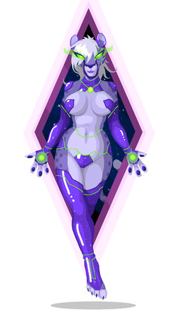 anthro armwear biped breasts cleavage clothed clothing elbow_gloves female gloves glowing glowing_eyes green_eyes hair handwear legwear levitating looking_at_viewer machine melanistic navel skimpy solo standing stockings white_hair wide_hips phlegraofmystery android cheetah felid feline mammal robot hi_res