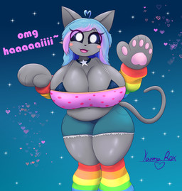 5_fingers ahoge anthro anthrofied arm_warmers armwear belly big_breasts bikini bikini_top blue_bikini_top blue_bottomwear blue_choker blue_clothing blue_hair blue_jewelry blue_necklace blue_sclera blue_shorts blush blush_stickers bottomwear breasts choker cleavage clothed clothed_anthro clothed_female clothing cosmic_eyes denim denim_bottomwear denim_clothing denim_shorts dialogue eye_through_hair eyelashes female female_anthro fingers fur gesture grey_body grey_ears grey_fur grey_tail hair heart_ahoge heart_symbol huge_breasts jewelry leg_warmers legwear long_hair looking_at_viewer midriff multicolored_arm_warmers multicolored_armwear multicolored_clothing multicolored_hair multicolored_leg_warmers multicolored_legwear navel necklace open_mouth pawpads pink_clothing pink_pawpads pink_text pink_tongue pink_topwear pink_tube_top pockets pointy_ears prick_ears purple_hair rainbow_arm_warmers rainbow_armwear rainbow_clothing rainbow_leg_warmers rainbow_legwear shorts solo sparkles standing swimwear tail talking_to_viewer text thick_thighs tongue topwear translucent translucent_hair tube_top two-piece_swimsuit two_tone_hair waving waving_at_viewer white_eyes kawma nyan_cat_(copyright) nyan_cat domestic_cat felid feline felis mammal 2026 absurd_res english_text hi_res meme signature