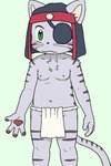 4_fingers anthro asian_clothing blush clothing east_asian_clothing eye_patch eyewear fingers fundoshi fur green_eyes grey_body grey_fur headgear headwear japanese_clothing male navel paws slightly_chubby slightly_chubby_male solo stripes underwear whiskers young young_anthro shomunona bemani konami pop'n_music kagetora_(pop'n_music) 2022 2:3