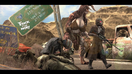 anthro big_breasts bone breasts clothed clothing digitigrade duo faceless_character faceless_human faceless_male female female_anthro hood human_skeleton larger_anthro larger_female male male_human ncr_ranger_(fallout) non-mammal_breasts outside size_difference skeleton smaller_human smaller_male text walking pompilus-sfm fallout microsoft the_courier_(fallout) deathclaw human mammal scalie 3d_(artwork) colored digital_media_(artwork) english_text
