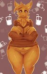 anthro belly big_breasts biped blush bottomless breasts brown_body brown_eyes brown_fur cheek_tuft chest_tuft claws clothed clothing ear_piercing ear_ring facial_tuft female front_view fur genitals head_tuft huge_breasts looking_at_viewer markings navel neck_tuft nipple_outline open_mouth pear-shaped_figure piercing pussy ring_piercing simple_background slightly_chubby solo standing surprised_expression sweater sweater_only thick_thighs topwear topwear_only tuft wide_hips raljoy kala_(raljoy) tojol 2021 digital_media_(artwork) hi_res