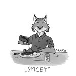 anthro clothed clothing collared_shirt countershade_face countershading elbow_on_table food holding_object male shirt solo spices text topwear tufted_ears ricky_arts inktober humanoid 1:1 2023 english_text greyscale monochrome