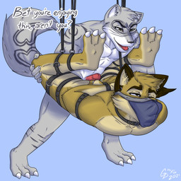 3_toes anal anthro anthro_on_anthro arms_tied bdsm bondage bound clothing dominant dominant_male duo feet from_behind_position jockstrap jockstrap_on_face legs_tied looking_pleasured male male/male sex sex_swing simple_background sniffing sniffing_clothes submissive submissive_male suspension suspension_bondage toes underwear underwear_on_head underwear_sniffing gdthefox canid canine fox hybrid mammal 1:1 hi_res