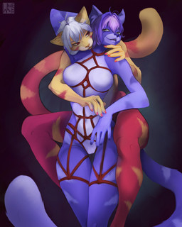 anthro bdsm bondage bound breasts colored_nails dominant duo female female/female fingers fur gradient_fur green_eyes grey_hair hair hug long_tail lying nails on_back pink_nail_polish pink_nails pose purple_body purple_fur purple_hair purple_nail_polish purple_nails purple_nose red_eyes red_rope red_ropes restraints rope rope_bondage rope_harness simple_background slim slim_body soft_dom submissive tail tying wide_hips yellow_body yellow_fur whitebaloo domestic_cat felid feline felis mammal full-length_portrait hi_res pinup portrait