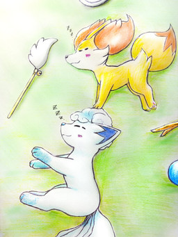 ambiguous_gender blush blush_lines duo eyes_closed feral fur inner_ear_fluff lying multi_tail on_side orange_body orange_fur pawpads paws sleeping sleeping_together sound_effects stick tail toy tuft vowelless vowelless_sound_effect white_body white_fur yellow_body yellow_fur zzz eiroru nintendo pokemon alolan_form alolan_vulpix canid canine fennekin generation_6_pokemon generation_7_pokemon mammal pokemon_(species) regional_form_(pokemon) 2025 3:4 graphite_(artwork) hi_res traditional_media_(artwork)