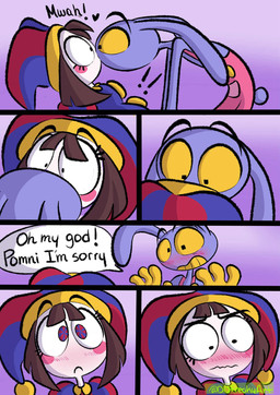 4_fingers accidental_kiss anthro apology blush duo exclamation_point female fingers flustered heart_symbol kiss_on_lips kissing male speech_bubble surprised text ddfreakyart glitch_productions the_amazing_digital_circus jax_(tadc) pomni_(tadc) humanoid lagomorph leporid mammal rabbit comic english_text hi_res