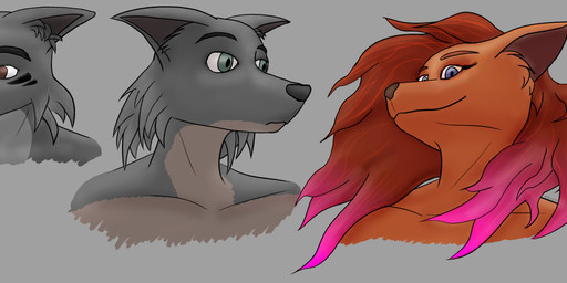 anthro dyed_fur eyebrows female group looking_at_viewer male raised_eyebrow trio marunishkek canid canine canis fox humanoid mammal wolf absurd_res bust_portrait hi_res portrait sketch