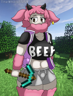 anthro duo female fur looking_at_viewer pink_body pink_fur prank thewholof554 microsoft minecraft mojang xbox_game_studios layla_(thewholof554) sheipy_(thewholof554) bovid canid canine canis caprine domestic_dog mammal sheep hi_res