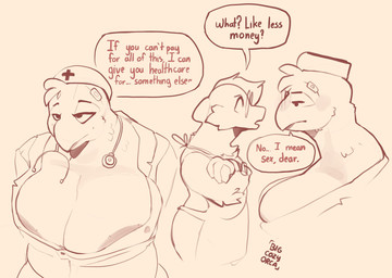 anthro apron areola areola_slip barely_visible_areola beak big_breasts breasts clothing dialogue duo eyewear female glasses hair hat headgear headwear male medical_instrument round_glasses scientific_instrument stethoscope text bigcozyorca madicine_(bigcozyorca) pastel_(bigcozyorca) aquatic avian cetacean dolphin mammal oceanic_dolphin orca toothed_whale english_text hi_res trans_(lore) trans_woman_(lore)