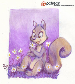 anthro black_nose brown_body brown_fur cheek_tuft chest_tuft eyelashes facial_tuft featureless_crotch female female_anthro flower fur glistening glistening_eyes grass holding_flower holding_object logo nude open_mouth open_smile patreon_logo plant sitting smile solo text tuft pandapaco patreon mammal rodent sciurid tree_squirrel artist_logo signature url