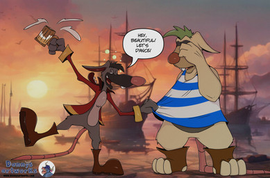 anthro clothing dialogue drunk duo male pirate shirt slightly_chubby substance_intoxication text topwear dannysartworks anthony_chubs_de_soto captain_dilion mammal murid murine rat rodent absurd_res english_text hi_res