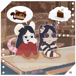 anthro cake candy chocolate chocolate_cake clothing dark_hair dessert diner duo eyewear female food fur glasses pattern_clothing red_clothing restaurant sitting speech_bubble striped_clothing stripes thought_bubble wearing_glasses white_body white_fur sylvewon ling_(sylvewon) phawn_(sylvewon) mammal murid murine procyonid raccoon rat rodent 1:1 2026 digital_media_(artwork)