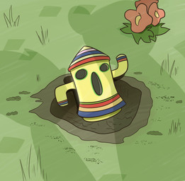 ambiguous_gender arms_bent empty_eye_sockets featureless_arms flower grass hole_(pit) legless light noseless offscreen_ambiguous offscreen_character open_mouth outside plant red_flower shadow solo yellow_body cookieboy011 animal_crossing nintendo gyroid 2020 colored digital_drawing_(artwork) digital_media_(artwork) english_description lighting shaded story story_in_description male_(lore)