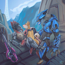 3_fingers 3_toes anthro arm_grab armor avian_caruncle balls beak bisexual bisexual_sandwich blush bottomless breasts butt carbine claws clothed clothing erection feather_hair feathered_crest feathers feet female finger_claws fingers fully_clothed genitals grey_body grin group group_sex halo_(device) head_crest headgear helmet hot_dogging humanoid_genitalia humanoid_penis male male/female male/male mmf_threesome nipples non-mammal_breasts open_crotch outside penis pseudo_hair sandwich_position sex smile toe_claws toes topless trio xenophilia gaypyjamas halo_(series) microsoft xbox_game_studios rags_(youtuber) alien avian canid canine canis domestic_dog humanoid kig-yar mammal sangheili scalie t'vaoan 2025 colored hi_res