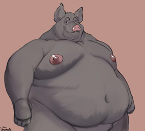 anthro belly biped black_body black_fur chubby_cheeks fupa fur love_handles male moobs navel nipples nude obese obese_anthro obese_male overweight overweight_anthro overweight_male smile solo standing text uniparasite domestic_pig mammal suid suine sus_(pig) artist_name