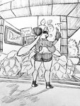 absurd_res alysa_(justduski) big_breasts big_butt black_and_white bottomwear breasts breasts_bigger_than_head butt butt_focus butt_squish cephalopod clothed clothing crop_top detailed_background dialogue electronics female female_focus hair hand_on_hip head_turn headgear headphones hi_res holding_object huge_breasts huge_butt humanoid inkling inkling_girl justduski long_hair looking_at_viewer looking_back marine mollusk monochrome nintendo no_shoes no_underwear pants phone shirt short_stack signature smile solo speech_bubble splatoon squish taking_picture tight_bottomwear tight_clothing tight_pants topwear traditional_media_(artwork)
