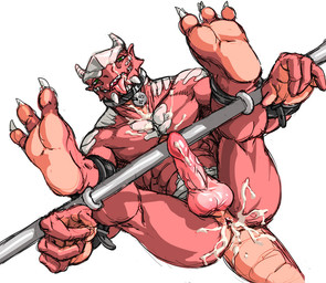 3_toes 4_fingers animal_genitalia animal_penis ankle_cuffs anthro anus balls bodily_fluids bound butt claws collar collar_tag cuff_(restraint) cum cum_in_ass cum_inside cum_on_butt cum_on_chest cum_on_face cum_on_own_face cum_on_self cum_on_tail dutch_angle erection feet fingers genital_fluids genitals knot leather leather_cuffs looking_at_viewer looking_up lying male messy nude on_back one_eye_closed open_mouth open_smile penis pink_tongue red_body red_scales red_tail restrained restraints scales shackles simple_background smile solo spreader_bar submissive submissive_male tail teeth toe_claws toes tongue tongue_out white_background wrist_cuffs wrists_to_ankles berububs beralin_(character) lizard reptile scalie 2017
