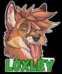 anthro badge eyewear fangs glasses green_eyes heart_symbol looking_at_viewer male pupils round_glasses sharp_teeth slit_pupils solo teeth tongue tongue_out richard_foley loxley_(gingersnaps) canid canine fox mammal 2025 absurd_res alpha_channel hi_res portrait