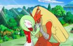 ambiguous_gender anthro blush detailed_background duo evolutionary_stone female female/ambiguous hand_holding happy humanoid_on_anthro mega_stone romantic romantic_couple semi-anthro smile achromatic phantomania nintendo pokemon avian bird blaziken gardevoir generation_3_pokemon humanoid pokemon_(species)