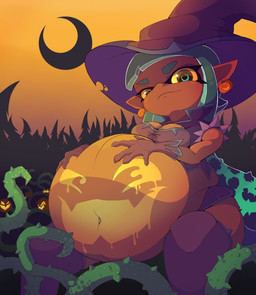 after_vore belly big_belly breasts clothing duo female female_pred food fruit gloves handwear hat headgear headwear holidays outside overweight plant pumpkin sitting vore witch_costume malachi21148 halloween nintendo splatoon aquatic cephalopod humanoid inkling mollusk 2019 absurd_res hi_res