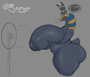 anthro areola big_areola big_breasts big_butt black_areola black_body black_breasts black_nipples bodily_fluids breasts butt electric_fan female female_anthro glistening glistening_body glistening_breasts glistening_butt glistening_skin glistening_thighs holding_breast huge_breasts huge_butt huge_thighs inverted_nipples nipples nude puffy_areola short_tail side_view solo sweat sweaty_breasts tail text thick_thighs thesaimos nintendo pokemon myria_(thesaimos) cofagrigus generation_5_pokemon hybrid pokemon_(species) scolipede 2024 artist_name hi_res portrait three-quarter_portrait
