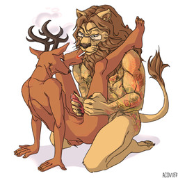 age_difference anal anal_penetration anthro antlers bodily_fluids brown_body brown_fur cigarette duo eyewear fur genital_fluids glasses handjob horn kneeling male male/male male_penetrated male_penetrating male_penetrating_male mane muscular muscular_male nude penetration penile precum sex smoke smoking tail tail_tuft tan_body tan_fur tattoo tuft whiskers acovi87 beastars ibuki_(beastars) louis_(beastars) cervine deer felid lion mammal pantherine red_deer 1:1 hi_res