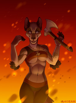 anthro axe clothed clothing feathers female fur hair looking_at_viewer melee_weapon navel open_mouth smile solo weapon gmerk canid canine mammal hi_res