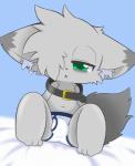 anthro biped blush briefs bulge clothing collar fur green_eyes grey_body grey_fur male navel shota sitting solo tighty_whities underwear white_briefs white_clothing white_underwear young young_anthro chrono_(pixiv) chrome_(character) canid canine mammal 2019 absurd_res hi_res