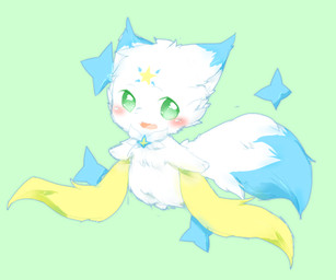 ambiguous_gender blue_body blue_eyes blue_fur blush chibi fur green_background kemono open_mouth open_smile semi-anthro simple_background smile solo deaic canid canine fox mammal 2018