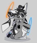 ambiguous_gender anthro bow_ribbon fur headpat kneeling monotone_body monotone_fur monotone_tail one_eye_closed petting petting_self portal portal_gun simple_background solo tail thinking_with_portals wink fathomfloof portal_(series) valve umbriel_(avali) avali avian hi_res