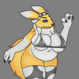 animal_print animal_print_bikini big_breasts bikini breasts clothing cow_print cow_print_bikini female huge_breasts overweight pattern_bikini pattern_clothing pattern_swimwear slightly_chubby swimwear two-piece_swimsuit j5furry bandai_namco digimon canid digimon_(species) mammal renamon 1:1 hi_res