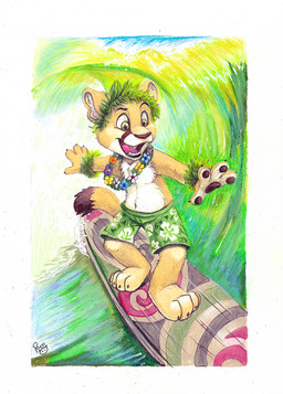 anthro bottomwear brown_pawpads clothed clothing fangs fingerpads front_view fur glistening glistening_eyes green_bottomwear green_clothing green_shorts male male_anthro multicolored_eyes navel open_mouth open_smile orange_eyes pawpads red_tongue shorts smile solo standing surfboard surfing teeth tongue topless two_tone_eyes wave white_body white_fur yellow_body yellow_eyes yellow_fur young young_anthro young_male pandapaco felid mammal