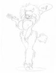 anthro big_breasts breasts brush dialogue female fluffy hairbrush holding_object horn naturally_censored neck_tuft nipple_tuft nude simple_background solo standing tuft wolfkidd popletta bovid bovine domestic_water_buffalo italian_mediterranean_buffalo mammal true_buffalo water_buffalo 2018 monochrome sketch