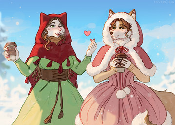 anthro black_sclera blush breath brown_hair clothing coffee_cup container cup dress duo female fur green_clothing green_dress hair heart_symbol holding_coffee_cup holding_container holding_cup holding_object hood outside pink_clothing pink_dress smile snow tail white_body white_fur devergilia lyubov_(devergilia) sponst canid canine canis domestic_cat domestic_dog felid feline felis mammal 2025