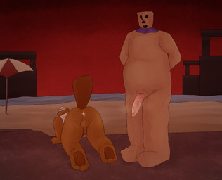 3_toes after_anal after_sex all_fours animal_genitalia anthro anus balls beach_umbrella bent_over bodily_fluids brown_body brown_fur cum cum_in_ass cum_inside cum_string duo feet fur genital_fluids genitals hands_behind_back male male/male medial_ring neck_ruffle outside outside_sex parasol penis penis_size_difference pink_penis raised_tail red_sky sea sex size_difference sky tail toes umbrella water felixmcfurry broadside_beach shipwrecked_64 bucky_beaver the_husk_(shipwrecked_64) beaver mammal rodent starling_(broadside_beach) hi_res