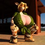 anthro big_breasts blonde_hair breasts clothed clothing crouching female fur hair horn huge_breasts hyper looking_at_viewer nipples simple_background smile solo anthroanim annabelle_cow bovid bovine cattle mammal 1:1 3d_(artwork) absurd_res digital_media_(artwork) hi_res