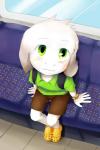 2:3 5_fingers anthro asriel_dreemurr blush boss_monster_(undertale) bovid bus caprine child clothed clothing commercial_vehicle crocs fingers footwear goat green_eyes high-angle_view inside_bus male mammal public_transportation rangocat solo undertale undertale_(series) vehicle vehicle_for_hire young young_anthro