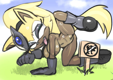 anthro big_breasts blonde_hair bodily_fluids boots breasts brown_body clothing eyeshadow female footwear genitals gloves grass hair handwear imminent_peeing imminent_urine makeup mask mostly_nude_female plant ponytail raised_leg shoes sign smile solo squinted_eyes sweat tail tongue tongue_out vulva rockthebull idw_publishing sega sonic_the_hedgehog_(comics) sonic_the_hedgehog_(idw) sonic_the_hedgehog_(series) whisper_the_wolf canid canine canis mammal wolf 2025 hi_res
