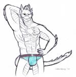 2017 alexyorim anthro blue_clothing blue_underwear body_hair briefs bulge chest_hair clothed clothing dragon green_eyes hi_res looking_at_viewer male mythological_creature mythological_scalie mythology scalie simple_background skimpy solo tail topless traditional_media_(artwork) underwear white_background