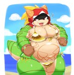 anthro belly bikini clothed clothing crossdressing gloves green_body handwear hood male navel overweight pecs shadowed_face smug solo string_bikini swimwear tattoo two-piece_swimsuit sodasorbet mythology tribal_hunter munch_(tribal_hunter) dragon mythological_creature mythological_scalie scalie hi_res