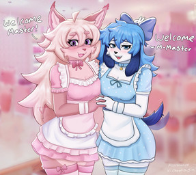 alternative_fashion anthro blush breast_squish breasts classic_lolita clothing duo female female/female floppy_ears hand_holding j-fashion lolita_(fashion) looking_at_viewer maid_cafe maid_uniform master squish sweet_lolita tail tail_motion tailwag talking_to_viewer uniform cheems_gin microwave_(artist) mayrin_(character) powa_(cheems_gin) canid canine canis domestic_dog felid feline lynx mammal absurd_res hi_res