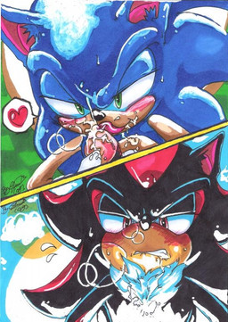anthro anthro_on_anthro bodily_fluids cum cum_on_face duo fellatio first_person_view genital_fluids genitals heart_symbol licking male male/male oral penile penis penis_lick sex split_screen sweat tongue tongue_out soina sega sonic_the_hedgehog_(series) shadow_the_hedgehog sonic_the_hedgehog eulipotyphlan hedgehog mammal