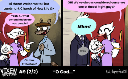 accessory anthro brown_body brown_fur clothed clothed_anthro clothed_female clothed_male clothing color_coded color_coded_speech_bubble dialogue dress female forced_smile fully_clothed fully_clothed_anthro fully_clothed_female fully_clothed_male fur group husband_and_wife lying male married_couple necktie nervous nervous_smile obscured_face outside pattern_necktie priest priest_robes purple_clothing purple_dress religion religious_clothing speech_bubble striped_necktie suit text white_body white_fur happyroadkill adult_swim cartoon_network christianity moral_orel deborah_dove rod_putty avian bird columbid dove mammal procyonid raccoon 2026 comic english_text hi_res multiple_scenes father_(lore) mother_(lore) parent_(lore) son_(lore)