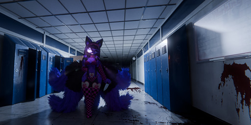 accessory anthro armwear birthmark black_body black_fur black_hair blood blood_splatter bodily_fluids clothed clothing female fur glowing glowing_eyes hair hallway headband heterochromia knife legwear locker long_hair markings missing_texture purple_body purple_fur purple_hair school smile solo burtrevolution deadrevolution_(burtrevolution) canid canine fox mammal 3d_(artwork) digital_media_(artwork) hi_res
