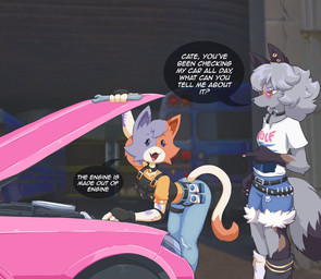 anthro battle_bus bell bell_collar belt bent_over bottomwear bra_strap bullet_belt bulletproof_vest cheek_tuft choker clothing collar denim denim_bottomwear denim_clothing denim_shorts duo ear_piercing engine eyewear facial_tuft fangs female fingerless_gloves fur garage gesture glasses gloves grey_body grey_fur grey_hair hair hand_gesture handwear holding_object holding_tool holding_wrench jeans jewelry leg_strap milk necklace pants piercing pink_car pink_eyewear pink_glasses pointing round_glasses shirt shorts tail teeth text text_on_clothing text_on_shirt text_on_topwear tinted_glasses tools topwear torn_bottomwear torn_clothing torn_jeans torn_pants tuft white_clothing white_shirt white_topwear wrench yellow_clothing yellow_eyes yellow_shirt yellow_topwear razgrizdl epic_games fortnite cate_meowdy wolfie_(fortnite) calico_cat canid canine canis domestic_cat felid feline felis mammal wolf alternate_version_at_source english_text hi_res