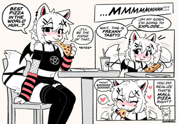 4_fingers ambiguous_anthro ambiguous_gender anthro blush chair claws clothed clothed_ambiguous clothed_anthro clothing container cup dialogue duo ear_piercing eating eating_food eyebrows eyelashes eyes_closed female female_focus finger_claws fingers food fur furniture hair heart_symbol holding_food holding_object holding_pizza inner_ear_fluff on_chair piercing pizza simple_background sitting sitting_on_chair solo_focus speech_bubble table tail tail_motion tailwag text tuft white_body white_fur white_hair jayrnski skye_(jayrnski) arctic_fox canid canine fox mammal true_fox 2025 absurd_res comic english_text hi_res trans_(lore) trans_woman_(lore)