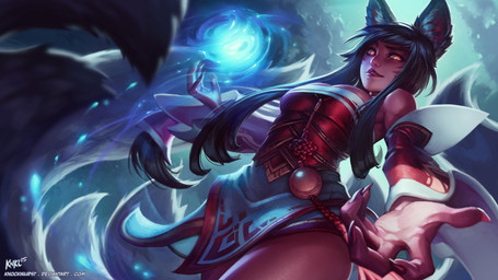black_hair breasts clothing cloud facial_markings female hair head_markings long_nails looking_at_viewer low-angle_view magic markings multi_tail orb smile solo tail kienan_lafferty league_of_legends riot_games tencent ahri_(lol) animal_humanoid canid canid_humanoid canine canine_humanoid fox_humanoid humanoid mammal mammal_humanoid 16:9 2015 hi_res widescreen