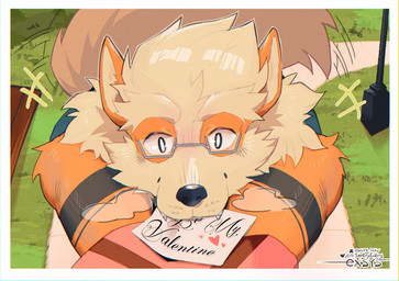 anthro behaving_like_a_dog bench box_of_chocolates braces breath candy cheek_tuft chocolate dessert detailed_background eyewear facial_tuft food glasses grass holidays looking_at_viewer male markings mouth_hold panting plant sharp_teeth smile solo street_lamp tail tail_motion tailwag teeth text tuft valentine's_day_card exsys nintendo pokemon valentine's_day arthur_"artie"_(exsys) arcanine generation_1_pokemon pokemon_(species) english_text