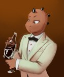 alcohol anthro beverage black_tie_(suit) bow_(feature) bow_in_front bow_tie clothing container cup drinking_glass glass glass_container glass_cup male solo suit white_tuxedo wine_bottle wine_glass sunhuiz saucy_(sunhuiz) lizard reptile scalie hi_res