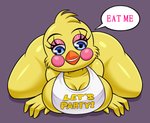 anthro anthrofied beak bib big_breasts blue_eyes blush blush_stickers breasts cleavage clothed clothing curvy_figure eyelashes eyeshadow female fur makeup non-mammal_breasts solo text thick_thighs voluptuous wide_hips yellow_body yellow_fur huitu_c five_nights_at_freddy's five_nights_at_freddy's_2 scottgames toy_chica_(fnaf) avian bird chicken galliform gallus_(genus) phasianid english_text hi_res